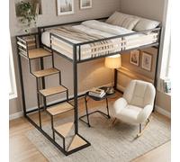 Meuble Cosy Lit Mezzanine avec Fauteuil à Bascule et Table d’appoint Pliante, Cadre Métallique, pour Chambre Adulte et Ado, Beige