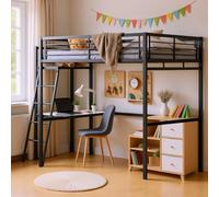 Meuble Cosy Lit Mezzanine pour Enfants avec Bureau en Verre et métal, Lits 140x190cm pour Garçon et Fille, Noir