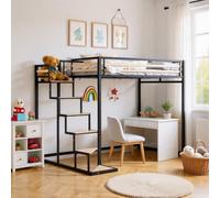 Meuble Cosy Lit Mezzanine pour Enfants en Bois d'ingénierie et métal, Lits 140x200cm pour Garçon et Fille, Chêne + Noir
