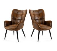 MEUBLE COSY Lot de 2 Fauteuil de Salon Chambre Scandinave Chaise Coiffeuse avec Accoudoirs et Assise Épais Pied Métal Rembourré en Suédine Marron