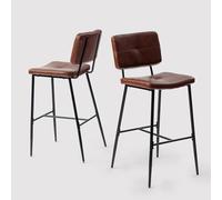 MEUBLE COSY Lot de 2 Tabouret de Bar Industriel avec Dossier et Repose-Pieds, Siège Rembourrés de 75 cm de Haut, Chaises Hautes en Simili Cuir Cadre en métal, Marron Foncé