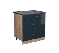Meuble cuisine Fame-Line, 80cm avec 3 tiroirs, PT Anthracite, Bleu foncé brillant/Chêne de force doré, Vicco 48899