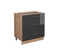Vicco meuble cuisine Fame-Line, 80 cm avec 3 tiroirs, sans plan de travail, Anthracite Haute brillance/Chêne de force doré