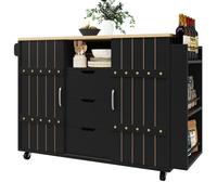 Meuble cuisine noir bois avec roulettes et plan de travail 90 cm, étagère épices et porte-serviettes, portes et tiroirs 110x42x90cm