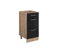 Meuble cuisine R-Line, 40cm avec tiroirs, sans PT, Noir Haute brillance/Chêne de force doré, Vicco 41128