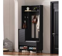 meuble d entree Ensemble garde-robe murale 100x35x180cm noir - Armoire couloir 4 patères, 2 tiroirs, 1 porte + banc à chauss