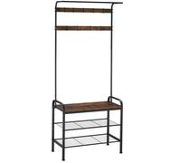 MEUBLE D ENTREE - TECTAKE - Portemanteau WICHITA avec Banc 2 étagères à chaussures et 9 crochets amovibles - Bois Foncé