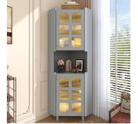 Meuble d'angle gris laqué avec LED: commode multifonction bibliothèque pour salon, chambre, salle de bain, MDF 63.5x157.5cm