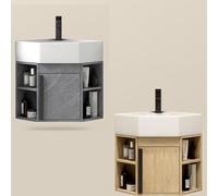 Meuble d'angle mural avec évier triangulaire en céramique, petit lavabo moderne pour la maison, porte simple, étagères et robinet, parfait pour économiser de l'espace