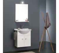 Meuble De Bain Blanc Economique 56 Cm + Lavabo, Miroir Et Lumiere