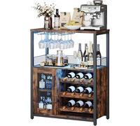 Meuble De Bar à Vin avec LED,Buffet Industriel, Porte-Bouteilles, Porte-Verres à Vin Amovible, Meuble De Rangement, Porte En Métal Grillagé, Idéal Pour Salon, Cuisine, Salle à Manger, 60x35x92CM