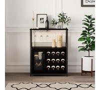 Meuble De Bar à Vin, Buffet Industriel, Porte-Bouteilles, Porte-Verres à Vin Amovible, Meuble De Rangement, Porte En Métal Grillagé, Idéal Pour Salon, Cuisine, Salle à Manger, 60x35x92CM,noir