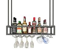 Meuble de Bar Suspendu au Plafond Casier à Vin Noir, Support Suspendu au Plafond en Métal Gobelets en Verre Étagère de Rangement Bouteilles de Vin Présentoirs pour Sous l'Armoire
