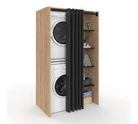 IDMarket Meuble de buanderie Wallis – Double machine à laver, rideau coulissant, hêtre/noir