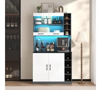Meuble De Cuisine 4 Portes, Buffet Haut en Bois avec Éclairage D'ambiance LED Et Trous pour Câbles, Grand Espace pour Micro-Ondes, Autonome, Étagères Latérales Réglables en Hauteur, 100x47x187cm