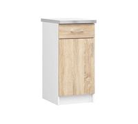 Meuble de cuisine bas S40 LIMA modulable Blanc 40 cm 1 porte 1 tiroir façade Chêne Sonoma 2 étagères 40x44,5x82 cm