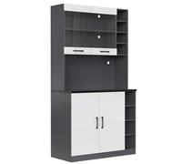 Meuble de cuisine buffet haut avec éclairage LED télécommandé, vitrine vitrée verre renforcé, niche micro-ondes grande hauteur, étagères latérales réglables, placard double battants (Blanc+Gris)