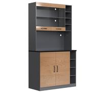 Meuble de cuisine buffet haut avec éclairage LED télécommandé, vitrine vitrée verre renforcé, niche micro-ondes grande hauteur, étagères latérales réglables, placard double battants (Bois+Gris)