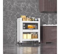 Meuble de cuisine compact avec support pour micro-ondes sur roulettes 50 cm de largeur 3 étagères de rangement Blanc élégant pour petites cuisines et appareils électroménagers