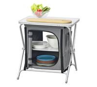 Cuisine de Camping d'Extérieur Armoire de Camping Pliable avec Plan de Travail et Étagères Protection Anti-Vent Moustiquaire Sac de Transport Jardin Aluminium Polyester MDF 64 x 60 x 45 cm Gris Foncé