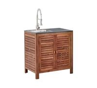 Meuble de Cuisine d'Extérieur en Bois d'Acacia 80 x 50 x 83 cm avec 2 Portes et 2 Étagères Plateau en Acier avec Évier et Robinet Marron et Argenté Brucoli
