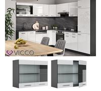 Vicco Armoire en Verre R-Line, Blanc Haute Brillance, 80cm | 2 Portes · 1 Tablette · Profondeur - 31 cm · Librement combinable · ✓ Tout en vue