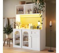 Meuble de Cuisine Haut Buffet Vitrine avec Éclairage LED Intégré, Étagères Réglables, 140x40x175 cm, Blanc/Noir, Lumière RGB Variable, Rangement Élégant