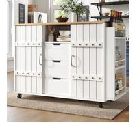 Meuble de cuisine multifonction blanc - Chariot/buffet avec plan de travail, roues, rangement épices et serviette, finition bois