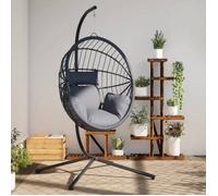 MEUBLE DE JARDIN - Chaise suspendue en forme d'œuf et support gris rotin et acier FR873