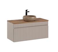 Meuble de lavabo 100 cm Iconic Cashmere, Meuble de salle de bain suspendu, Armoire de salle de bain avec comptoir, Portes ondulées, Cachemire (avec comptoir en chêne)