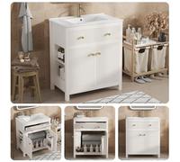 Meuble de lavabo autoportant, 81 cm, blanc, avec bac en céramique et design rainuré, armoire de salle de bain avec fermeture amortie et pieds hauts, MDF résistant à l'humidité, beaucoup d'espace de