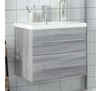 Meuble de lavabo avec bac encastrable, gris chêne Sonoma, en céramique avec trop-plein, montage mural, armoire avec tiroir, espace de rangement, matériau du bois résistant à l'humidité