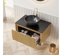 Meuble de lavabo suspendu de 76 cm avec bac en céramique et plan de travail fritté, tiroir à fermeture amortie, montage mural, meuble de salle de bain noir/chêne pour petites salles de bains et WC