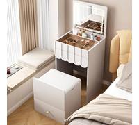 Meuble de maquillage 3 en 1 avec lumières et miroir - Coiffeuse polyvalente transformable et table de chevet avec chaise cachée - Station de maquillage blanche élégante pour un usage domestique