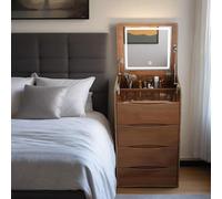 Meuble de maquillage 3 en 1 avec miroir LED et lumières - Chaise cachée - Verre transparent - Aucune installation nécessaire - Finition noyer - Parfait pour les amateurs de maison et de beauté