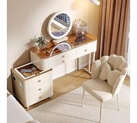 Meuble de maquillage avec miroir éclairé à intensité variable et haut-parleur Bluetooth Dessus en verre avec tiroirs en bois massif et chaise de maquillage (80 cm)