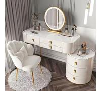 Meuble de maquillage avec miroir éclairé et dessus en marbre avec 2 grands tiroirs, plateau en marbre et 3 modes d'éclairage de couleur pour filles, blanc (100 cm)