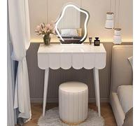 Meuble de maquillage moderne blanc avec miroir tricolore éclairé par LED avec tiroirs, tabouret et imagerie haute définition