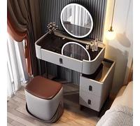 Meuble de maquillage rotatif à 360° avec lumières LED en verre trempé, rangement élégant et tabouret de maquillage inclus, parfait pour les amateurs de beauté