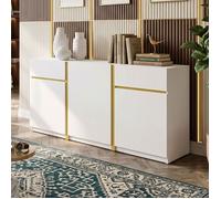 Meuble de Rangement 160cm Blanc Brillant | 3 Portes et 2 Tiroirs | Design Italien avec Lignes Dorées | Buffet Salon Finition MDF