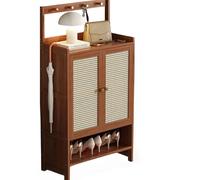 Meuble de rangement à chaussures en bambou, étagère à chaussures autonome en rotin plastique avec 1 4 portes et crochets, rangement caché pour chaussures (marron, 67 x 32 x 131 cm)