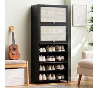 Meuble de rangement à chaussures en rotin de bambou avec portes pour entrée, chambre à coucher, couloir - Étagère à chaussures élégante noire, 60 x 32 x 140 cm, parfaite pour vestiaire