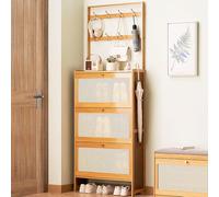 Meuble de rangement à chaussures étroit en bambou avec crochets, 2 en 1 autonome et porte-manteau, tiroir à rabat fin pour entrée, foyer, couloir, A-70 x 24 x 186 cm