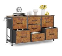 Meuble de Rangement à Tiroirs en Tissu Industriel Moderne avec 7 Tiroirs et Crochets Métalliques, Commode Double Rangée en MDF et Métal pour Chambre, Entrée, Salon ou Bureau, 100x30x55cm,Brun rustique