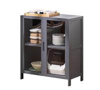 Meuble de rangement autonome en bambou avec portes en verre - Buffet de grande capacité avec porte rabattable pour cuisine, salon, salle de bain - 65 × 32 × 106 cm