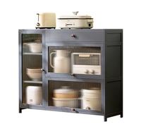 Meuble de rangement autoportant avec dessus en bambou et portes en acrylique nervurées - Buffet de grande capacité pour cuisine, garde-manger, salon