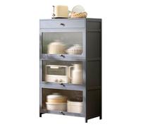 Meuble de rangement autoportant avec dessus en bambou et portes en acrylique nervurées - Buffet de grande capacité pour cuisine, garde-manger, salon