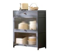 Meuble de rangement autoportant avec dessus en bambou et portes en acrylique nervurées - Buffet de grande capacité pour cuisine, garde-manger, salon