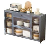 Meuble de rangement autoportant avec dessus en bambou et portes en acrylique nervurées - Buffet de grande capacité pour cuisine, garde-manger, salon