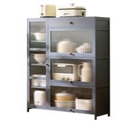 Meuble de rangement autoportant avec dessus en bambou et portes en acrylique nervurées - Buffet de grande capacité pour cuisine, garde-manger, salon